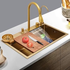 201 Stainless Steel Golden Kitchen Sink With Pull-out Faucet 26.77 18.11 8.66in