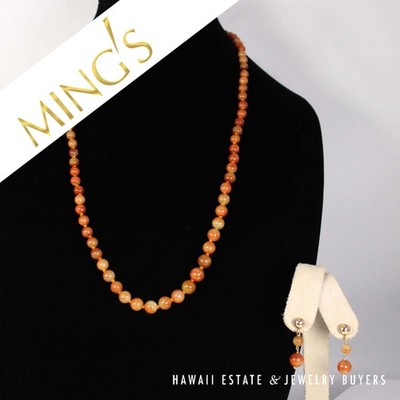 Mings Hawaii Red Jade Bead 14k Yellow Gold Clasp Necklace 26  and Earring Set