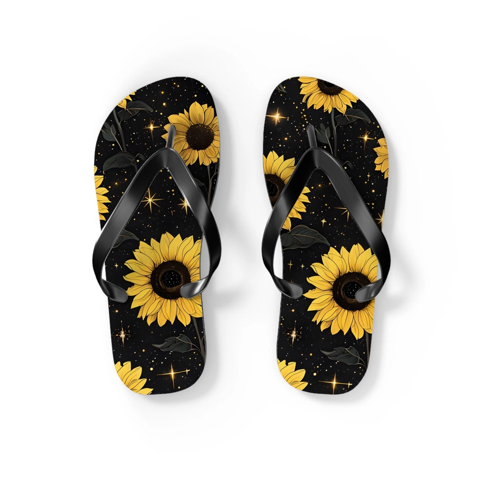 Sunflower Pattern Flip Flops | Yellow Flowers on Black Background