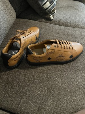 MCM Brown Leather Logo Print Men's Sneakers Lace Up Black Accents