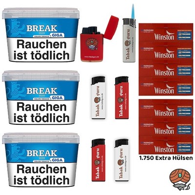 Break Blue/Blau Volumentabak Giga Box 3x 185g, 1750 Winston Extra Hülsen, Zub.