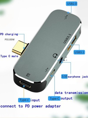 Type C to Earphone Jack Type C USB3.1/2.0 PD Charging Port 5in1 Docking Station 