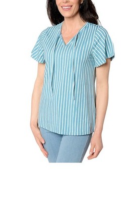 Denim & Co. Women's Striped Jersey Flutter Slv Split Neck Top Blue