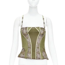 rare JOHN GALLIANO Vintage green gold sheer lace boned bustier corset top S