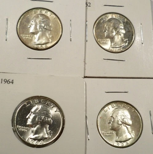 LOT OF 4 BU WASHINGTON QUARTERS 1958-D 1962 1964 1964 0.7233 oz SILVER 25c