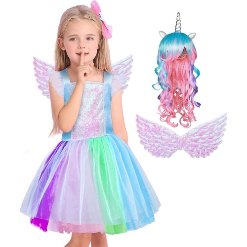Kids Unicorn Halloween Costume Set With Dress Wings & Wig Girls 6/7
