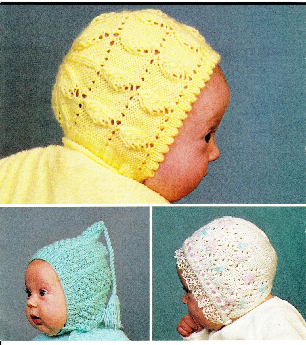 BABIES/BONNETS/ PICOT EDGING BOBBLE/LACY KNITTING PATTERN BIRTH TO  MONTH(W45)