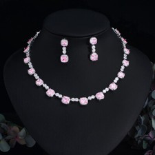 Square Drop Wedding Necklace Earrings Set Silver Plated CZ Bridal Pink Jewellery