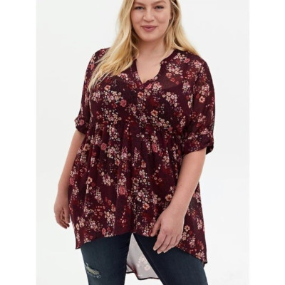 Torrid Red Pink Floral V-Neck Button Up 3/4 Sleeve Roll Tab Blouse Top 00 10 M/L