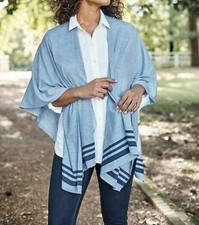 NWT J Jill Blue Heather Striped Border Lightweight Knit Sweater RUANA WRAP 89