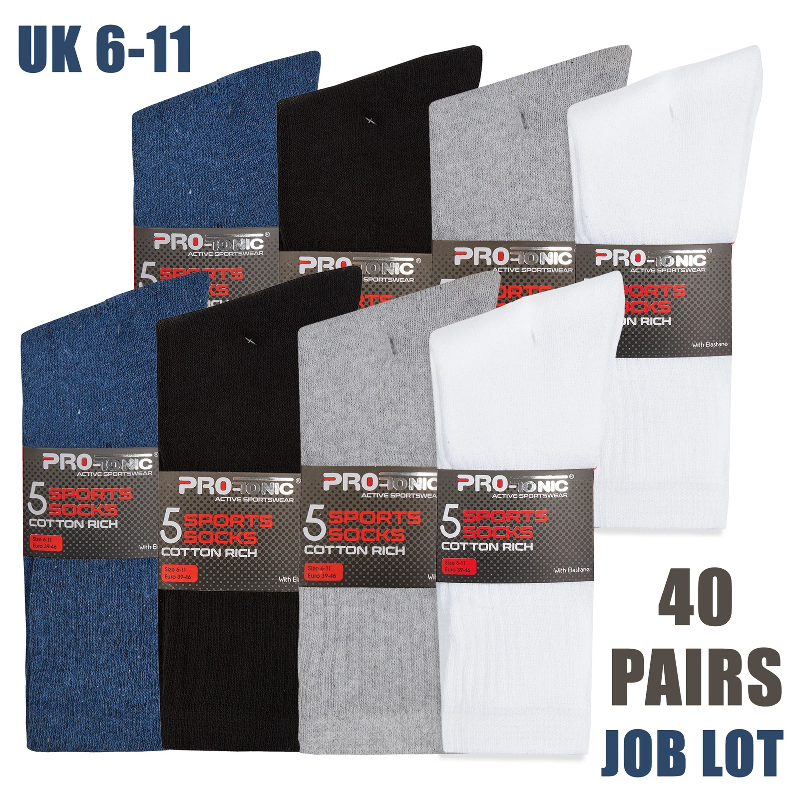 METZUYAN Mens 40 Pairs Cotton Rich Sports Socks Plain Black White Grey Size 6-11