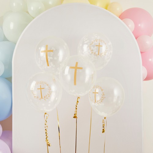 5 Large holy communion clear balloons white confetti gold cross decoration - Picture 2 of 2