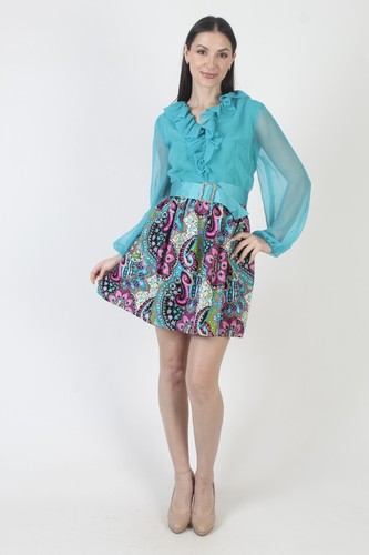 Vintage 60s Psychedelic Print Dress Teal Chiffon Sheer Mod Cocktail Party Mini - Picture 4 of 7