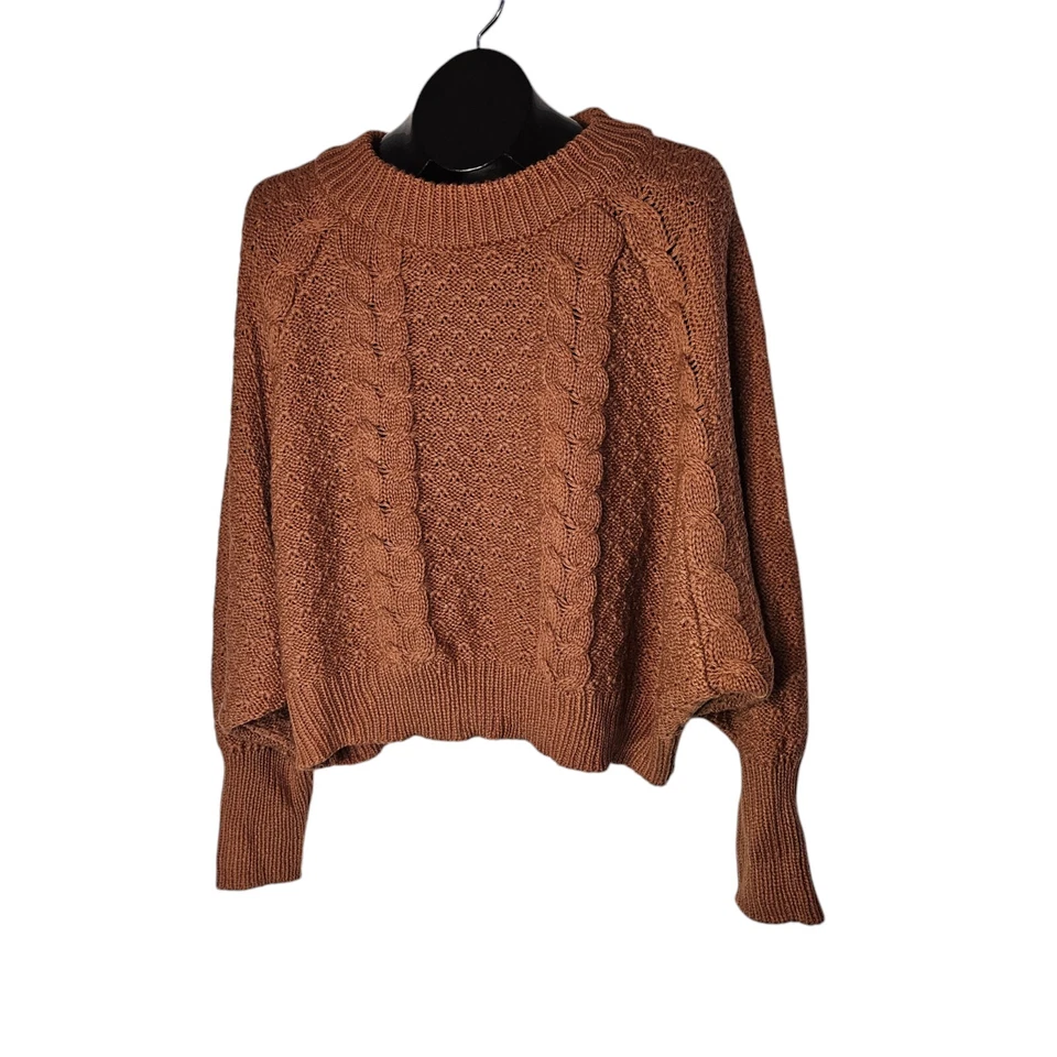 Moon & Madison Size L Crop Cable Knit Balloon Sleeve Brown Women's Sweater Top - Image 2 of 4