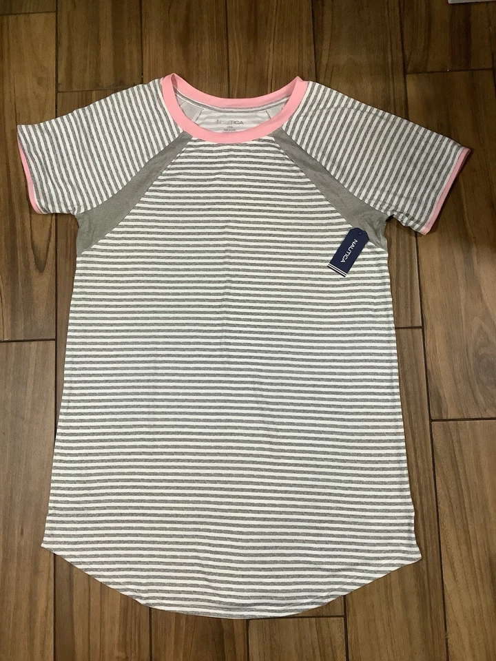 Nautica 睡衣衬衫女式大码短袖白色灰色条纹 — 第 2/4 张图片