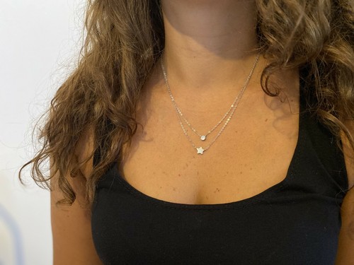 Collana Donna Argento 925 Stella Oro Bianco Cristallo Doppia Catenina Punto Luce - Foto 2 di 3