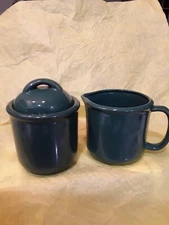 Stoneware Japan Cream and Sugar Bowl Set Dark Green