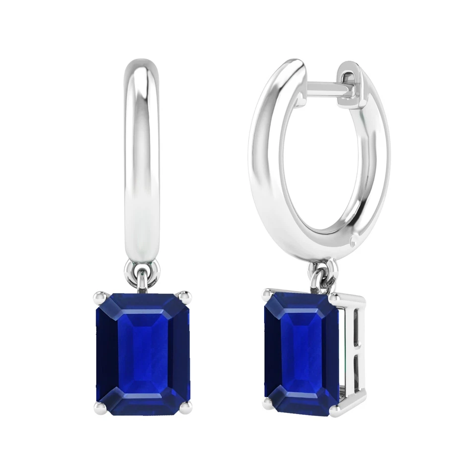 8X6 mm Emerald Cut Lab Created Sapphire 14k White Gold Plated Dangle Earrings - Image 2 of 4
