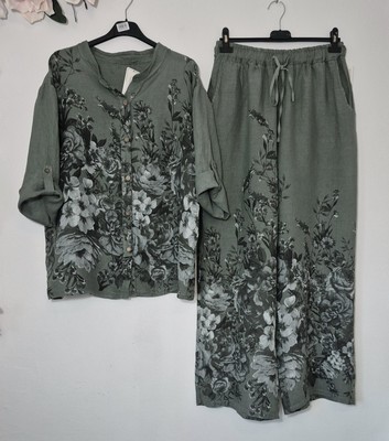 Made In Italy 100% Leinen 2-Teiler Set Hose + Bluse Sommeranzug 40 42 44