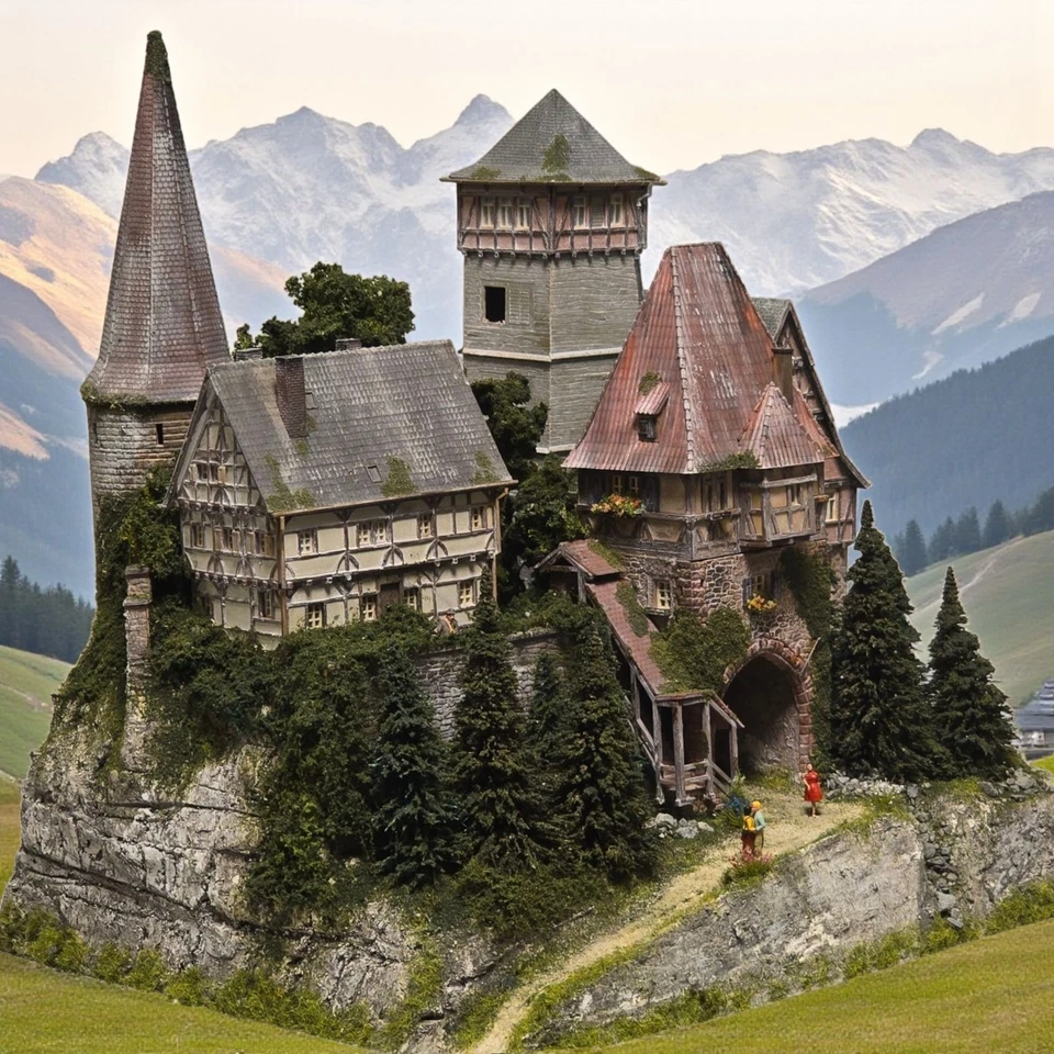 Diorama H0/1:87 BURG Jagdschloss Festung + Berg Granit Felsen begrünt# patiniert