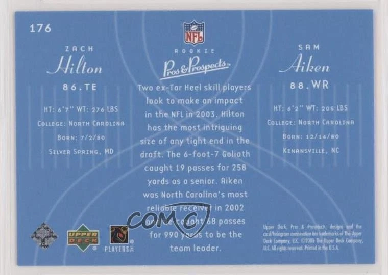 2003 Upper Deck Pros & Prospects /1800 Sam Aiken Zachary Hilton Zach Rookie RC - Image 2 of 2