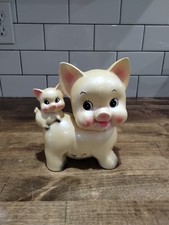 Vintage MCM Yellow Cream Iridescent Pearl Mama Baby Piggy Bank Chalkware 6.5