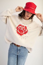 Easel Women's Rose Floral Studded Graphic Sweatshirt Top in Ecru Cream