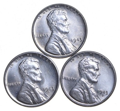Choice Unc 1943 P+D+S Lincoln Wheat Cent Gem BU Collection Lot Set