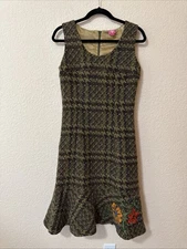 Oilily Wool Houndstooth Tweed Midi Dress Women’s 36 US S Brown Green Embroidered