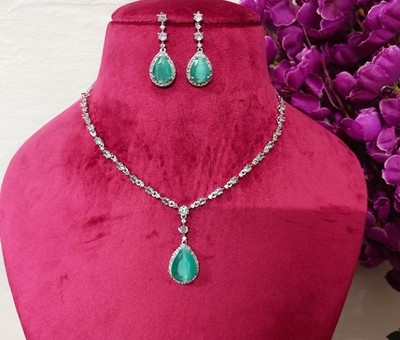 Bridal CZ Mint Choker Earrings Party Wear Wedding Statement Necklace A Gift Set