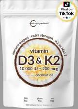 Vitamin D3 10000 IU w K2 MK-7 200mcg Coconut Oil Softgels 300 Count