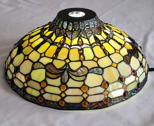Vintage Tiffany-Style Opalescent Stained Glass Lamp Shade- Jeweled 13.5"W x 5"H