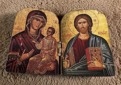 Small Travel Wood Carved Altarpiece Diptych Madonna & Child/Adult Christ
