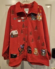 The Quaker Factory Cat Christmas Fleece Sweater/Jacket Women's 2X
