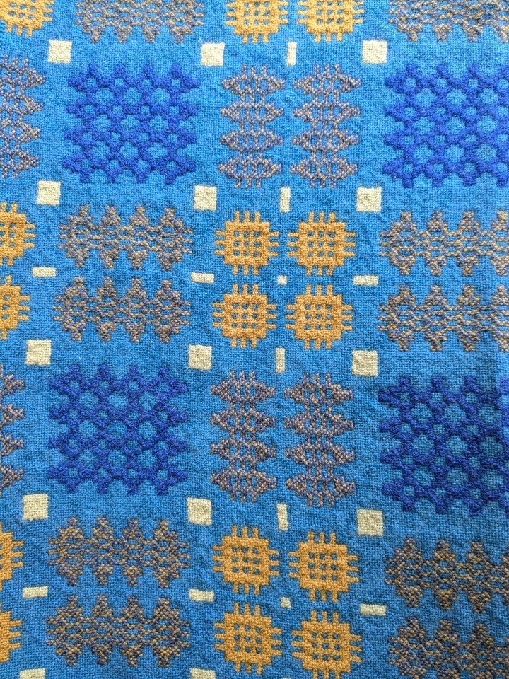 Vintage Welsh tapestry blanket, blue and gold, reversible, 200 x 216 cm