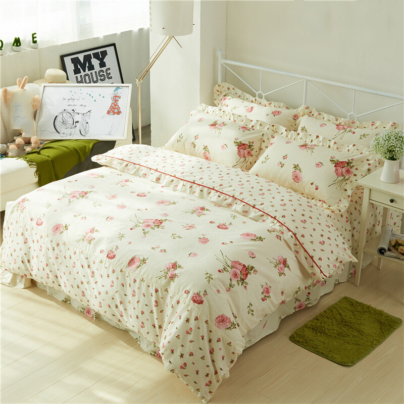 Floral Duvet Cover Ruffles Bed Sheet Set Princess Cotton Bedding Set Queen  King