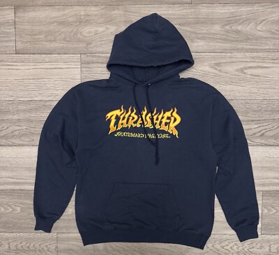 Thrasher 90's Skateboard Magazine Blue Hoodie Flame Logo Thrasher 90's Skateboard Magazine Blue Hoodie Flame Logo