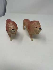 Pink Celluloid Lions, Occupied Japan , Vintage, Rare Animal, jeweled eyes
