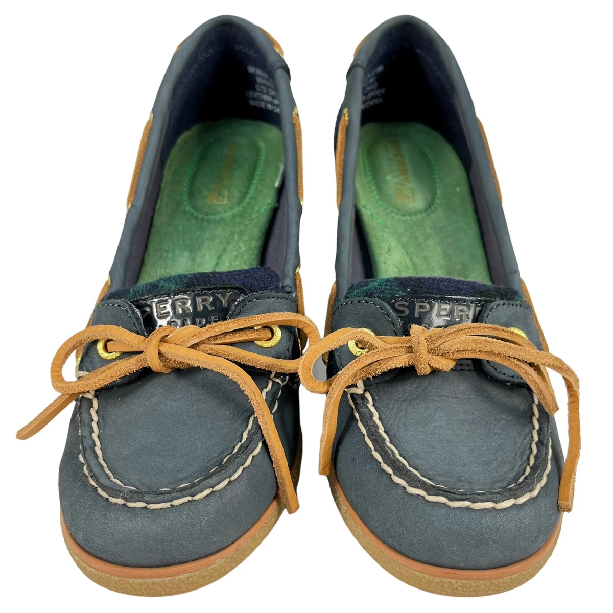Sperry Top Sider Goldfish Navy Green Plaid Wedge Heels Boat