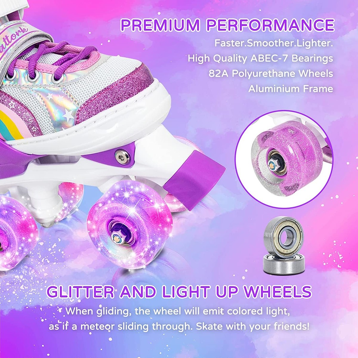 Nattork Adjustable Kids Roller Skates - 4 Sizes, Light Up Wheels, Safety Features For Beginners