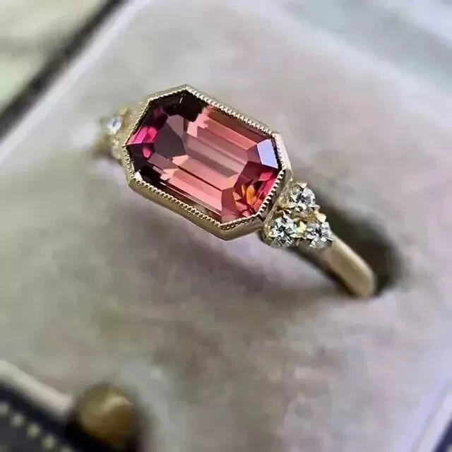 Art Deco Style Lab-Created Diamond Pink Tourmaline Ring 14K Yellow Gold FN - Image 3 of 4
