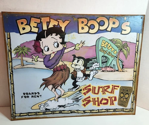Vintage Betty Boop Tin Sign, Metal Plaque, Wall hanging 12" x 15" Surf Shop