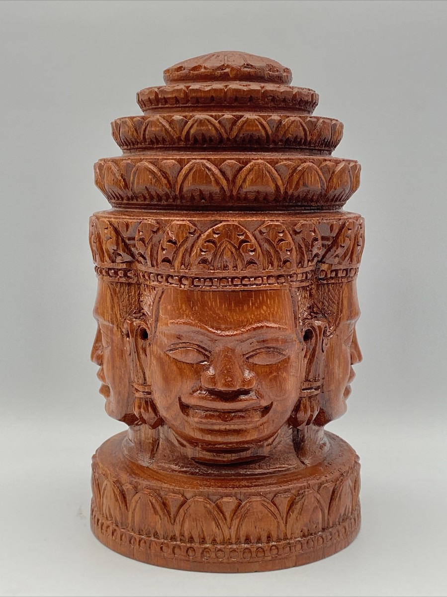 8.5” Hand Carved Wood Four Face Tibetan Thai Phra Phrom Hindu
