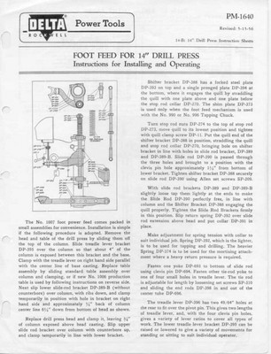 Delta Rockwell Foot Feed for 14 Inch Drill Press Instructions