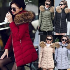 Womens Winter Long Down Cotton Parka Coat Warm Fur Collar Hooded Jacket Outwear
