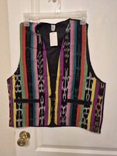 Guatemalan Woven Vest Black Multicolor Pockets Button Front