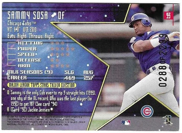 Sammy Sosa 1998 TOPPS STARS MLB BASEBALL GOLD FOIL CARD #93 Chicago Cubs SP/2299 - Image 2 of 2