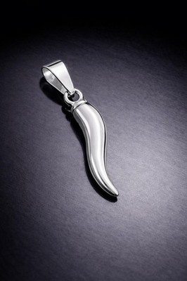 Silver Italian Horn Charm, Good Luck, Cornetto Pendant, Stainless Steel Necklace