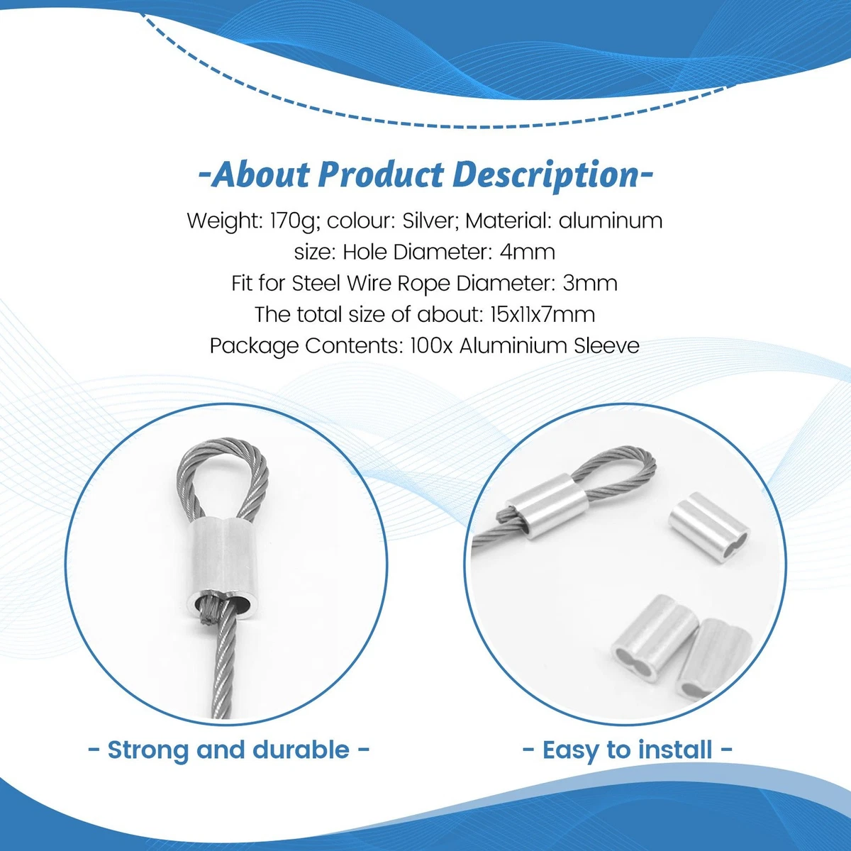 100pcs Aluminum Crimping Loop Sleeve for 3mm Diameter Wire Rope and Cable B6C7