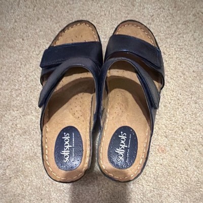 Softspots Women s Blue Leather Open Toe Wedge Hook & Loop Sandals 7.5
